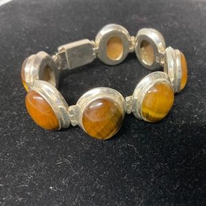 Statement Tiger's Eye Bracelet Sterling Silver Bezel Set Stones